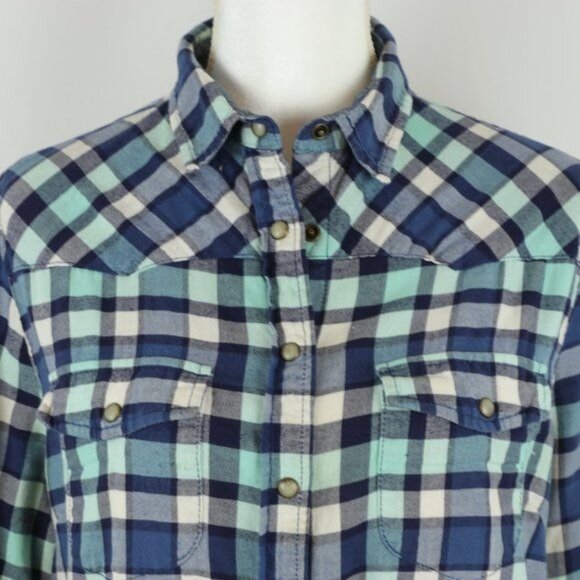 Jachs Girlfriend Bea Women's Medium Blue White Plaid Lightweight Flannel Shirt - Picture 2 of 9